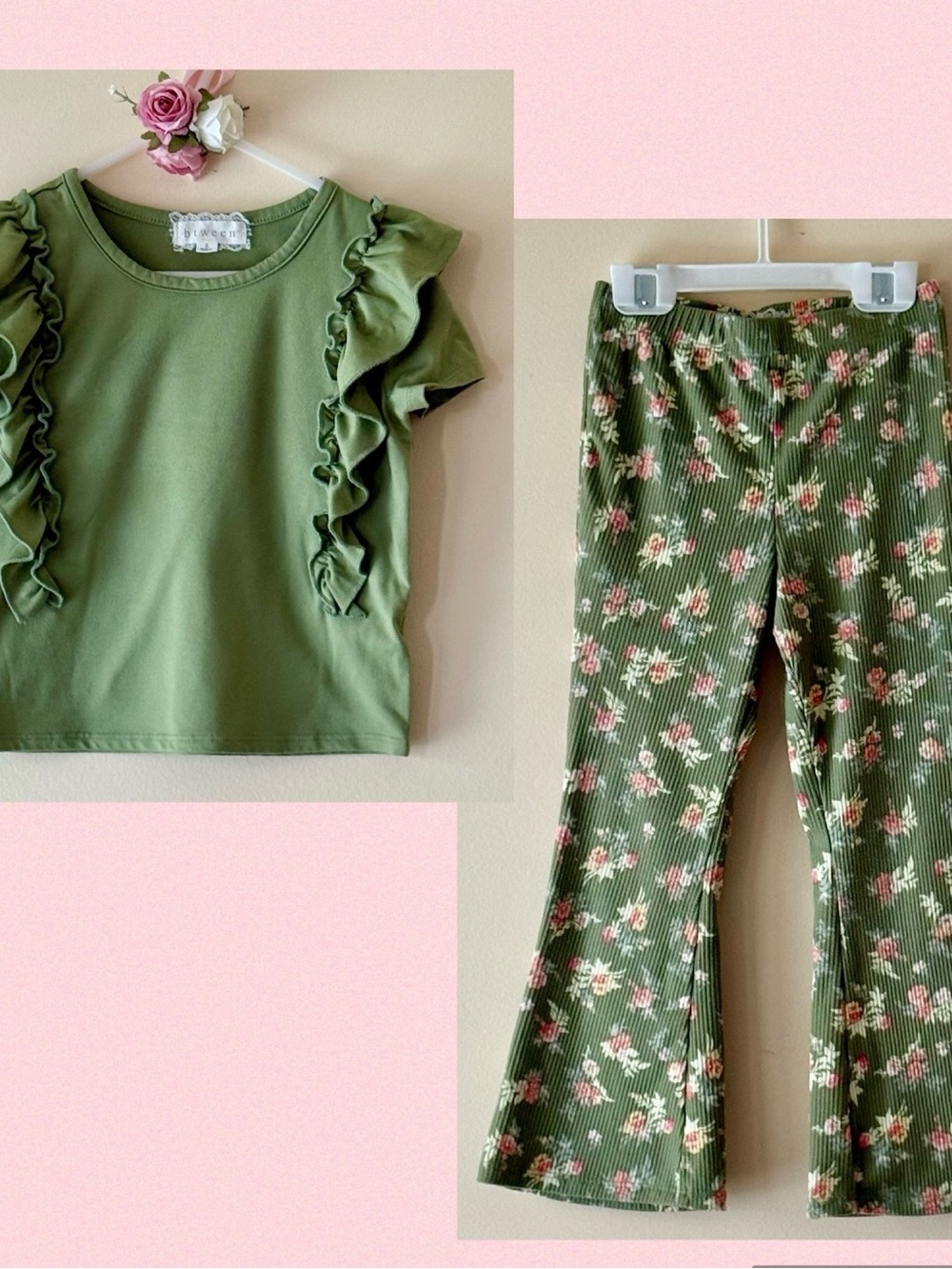 Btween Toddler Girls Olive Green Ruffle T-shirt and Floral Ribbed Pants, Size 5
